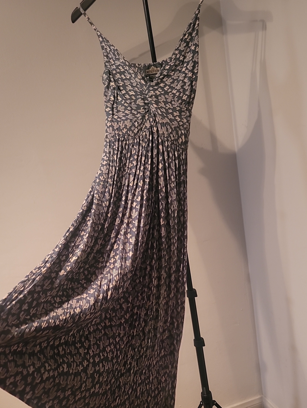 Angie Twist Front Green Cactus Print Boho Maxi Dress with Spaghetti Straps